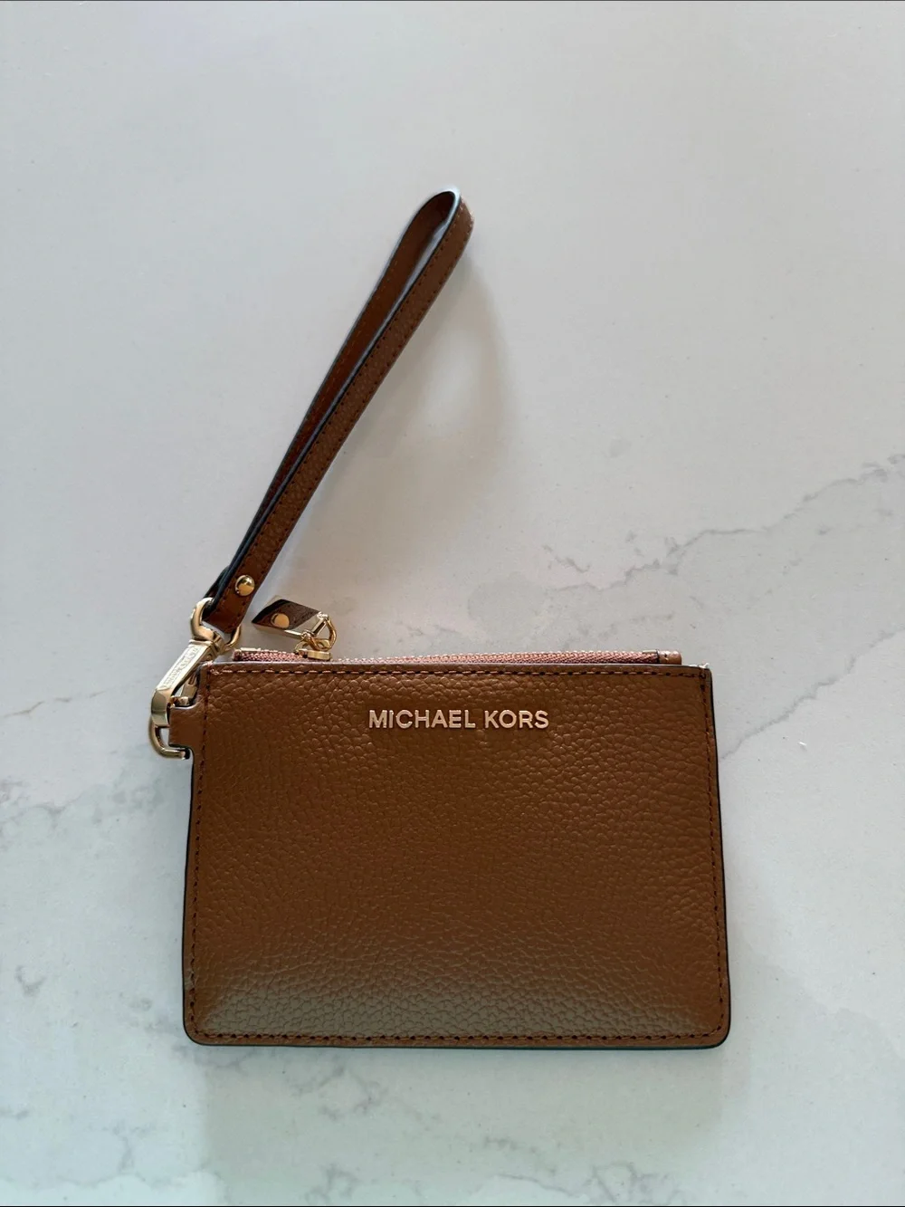 MICHAEL KORS Brown Leather Wristlet Card Pouch with Gold Hardware